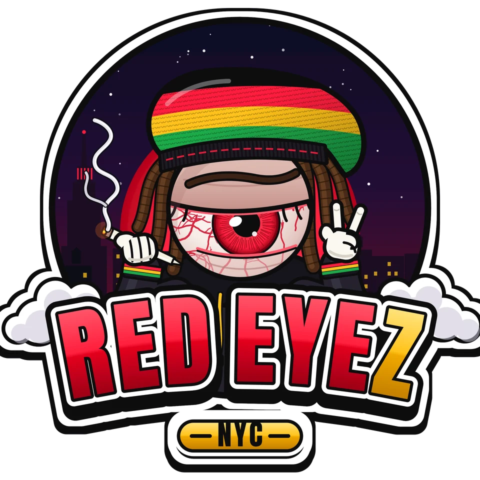 Red Eyez NYC logo: a bloodshot eyeball in a rasta tam over the night skyline