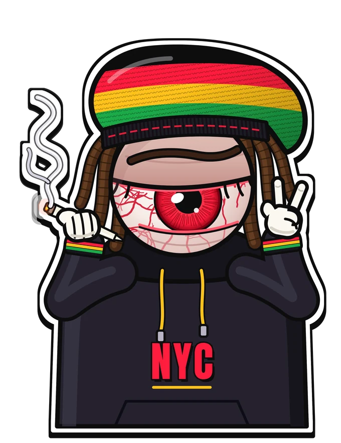 Red Eyez NYC mascot: a bloodshot eyeball in a rasta tam and hoodie